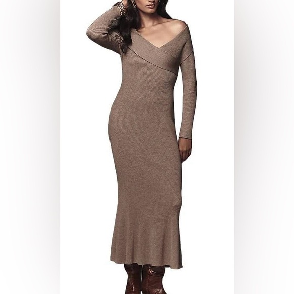 Anthropologie Off Shoulder Slim Sweater Dress in Grey/Brown, Size 2X, NWT. - Picture 3 of 11